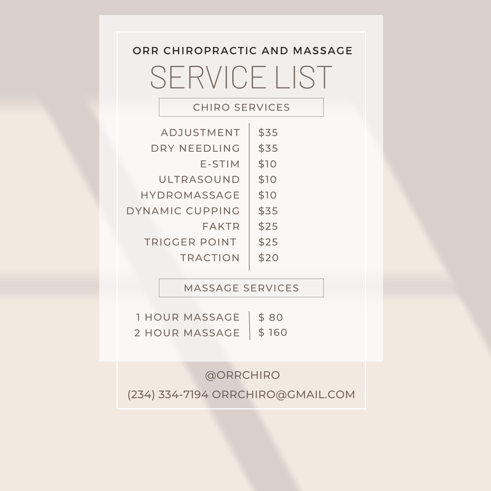 Prices for Massage and Chiropractic